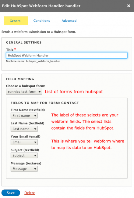 Then choose a form from HubSpot and map the fields accordingly.