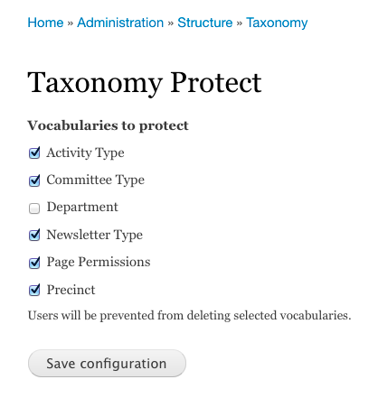 Screenshot of Taxonomy Protect configuration settings