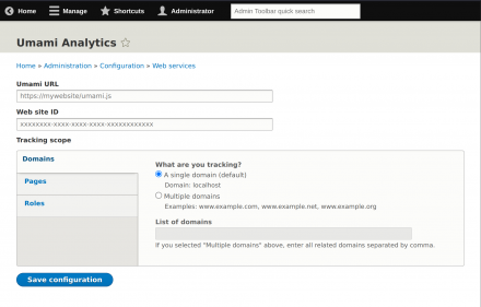 Umami Analytics settings page