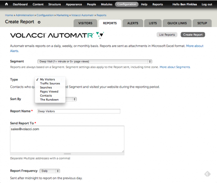Shows Automatr report setup screen in Drupal admin.