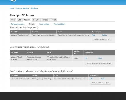 Screenshot of the webform emails admin interface