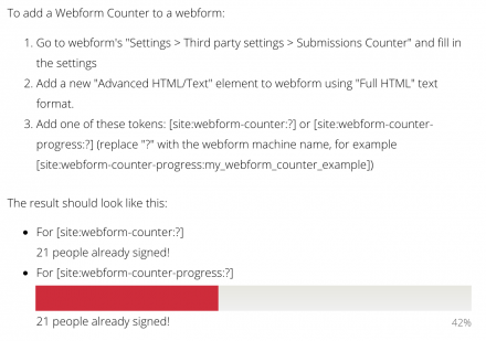 Go to webform's "Settings > Third party settings > Submissions Counter" and fill in the settings. Use one of these tokens: [site:webform-counter:?] or [site:webform-counter-progress:?].