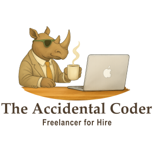 The TAC mascot drinking coffee and sitting at a laptop
