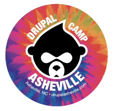 Drupal Camp Asheville logo on tie dye background.