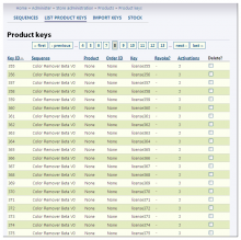 A view of the admin product keys listing.