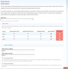 the Sudo module's administration screen, with the button for switching to administrator in the lower right corner.