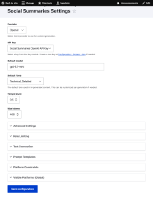 Social Summaries Settings page