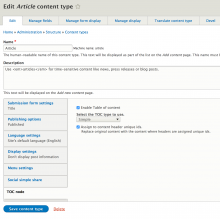 TOC node settings