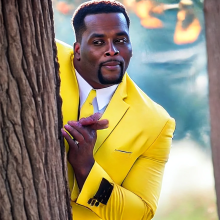 A humorous scene featuring a man in a yellow suit, peeking around a tree. The man is attempting to discreetly 'sneak a peek' at something