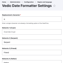Settings page showing the date format replacement character and muhurta name override fields.