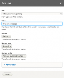Editor link dialog with "Editor Button Link" options