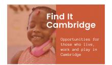 An orange card showing a headline overlapping an image, with a subheadline beneath and to the right of the image.