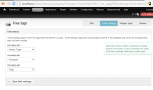 Field settings for a free tagging term reference field with 3 vocabs