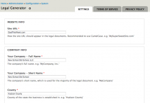 Settings page for Legal Generator