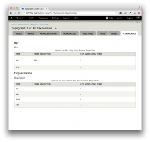 Taxonomy groups by vocab, shows tables of terms.