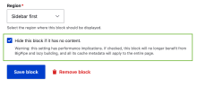 Screenshot of the block confguration form with a new option: "hide this block if it has no content"