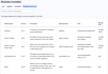 Screenshot of modules installed on a Drupal site as well as their version numbers, description, etc