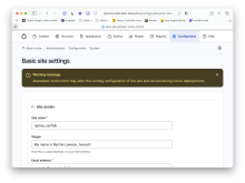 Screenshot of the site settings page with an example config warning displayed