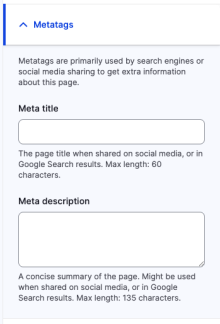 Simplified metatag form showing only title, description and custom help text.