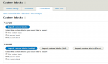 Screenshot of custom blocks import/export admin screen