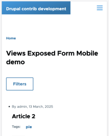 Screenshot showing a page view on mobile, with the exposed filters replaced by a 'Filters' button