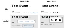 Configuration option includes links as text or icons, and shown directly on the page or available in a modal