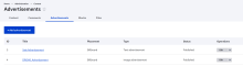 List of advertisements in the admin content UI.