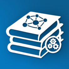 AI models library logo - books stack with neural network on top and configuration display in front