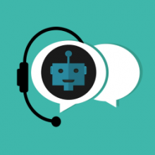 two chat bubbles, one with a robot head inside and evenloped in a headset