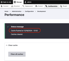 Screenshot showing the time that caches were cleared