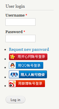 Chinese Social Networks links are displayed in the default User Login block.
