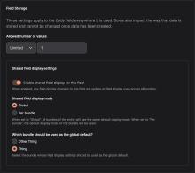 Screenshot showing the options that the Shared Field Display Settings module provides on a shared field's storage settings page in the Drupal admin