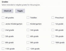 Three columns of checkboxes with 'Check all' and 'Toggle' buttons above them.