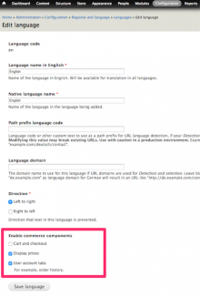 Screenshot showing the options added to the configure Language form by the Commerce Restrict Language module.