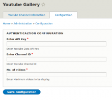 Youtube Gallery configuration page