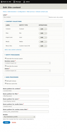 The edit form of an example Default Content Set