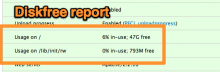 Screenshot of diskfree report at admin/reports/status showing Linode disk usage