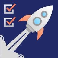 Launch Checklist Icon. A rocket taking off with 2 checked checkboxes next to it.