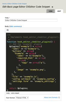 Screenshot of highlighted PHP code embedded in a body field using the Code Snippet CKEditor plugin.