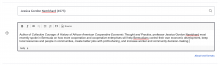 Screenshot of a two-part field on a Drupal content editing screen, it has the anchor dragger indicating this is one of multiple draggable fields.  The first part of the field is a node reference autocomplete showing "Jessica Gordon Nembhard (4573)" has already been selected.  The second part is a rich text 'WYSIWYG' with text focusing on her authorship of Collective Courage (A History of African American Cooperative Economic Thought and Practice) and a recent speaking engagement in Bermuda.