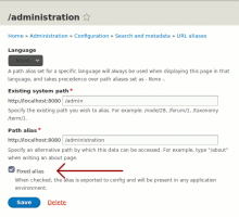 Screenshot of the route alias edit form with the option to set it as a fixed alias