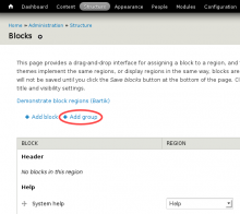 Screenshot of block admin page with block group support