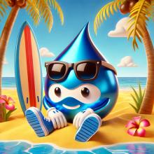 A playful rendition of the Drupal icon, depicted as a blue teardrop-shaped mascot with a smiling face, wearing stylish sunglasses. The mascot is on a beach