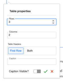 CKEditor 5 responsive table insert dialog featuring fields for rows, columns, headers and optional caption