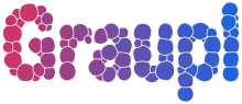 The word "Graupl" pieced together with variously sizes and shaped colourful blobs which gradient left to right, pink to blue respectively.