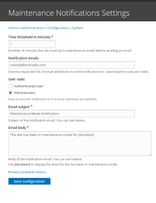 Maintenance Notifier: Configurations Page