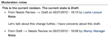A sample showing that a user moved a moderation state from Needs Review to Draft