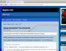 Screenshot showing the "Out of date" message, above a blog-post.