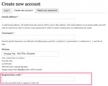Registration code in User Registration -page (Drupal 8)