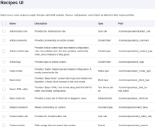 recipes ui admin page showing all the recipes that can be installed